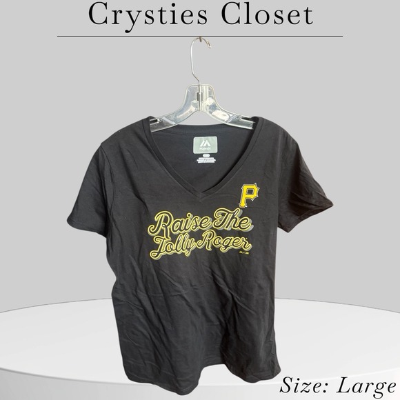 Majestic Tops - Majestic Pittsburgh Pirates Women T-shirt Black Raise The Jolly Roger Size L